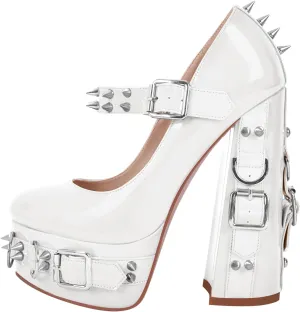 VERISSON Gothic Mary Jane Pumps with 5.9'' Chunky Heels Grommets Rivets Buckle Belt Pump Shoes