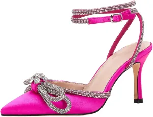 VETASTE Women's Double Bow Pointed Toe Ankle Strap Crystal Pumps Wedding Bridal Party Stilettos Backless Satin Heeled Sandals