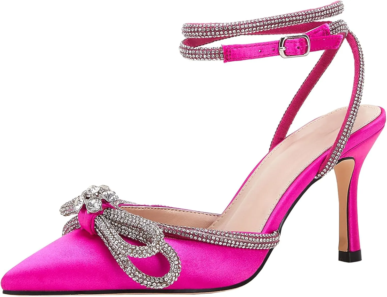 VETASTE Women's Double Bow Pointed Toe Ankle Strap Crystal Pumps Wedding Bridal Party Stilettos Backless Satin Heeled Sandals