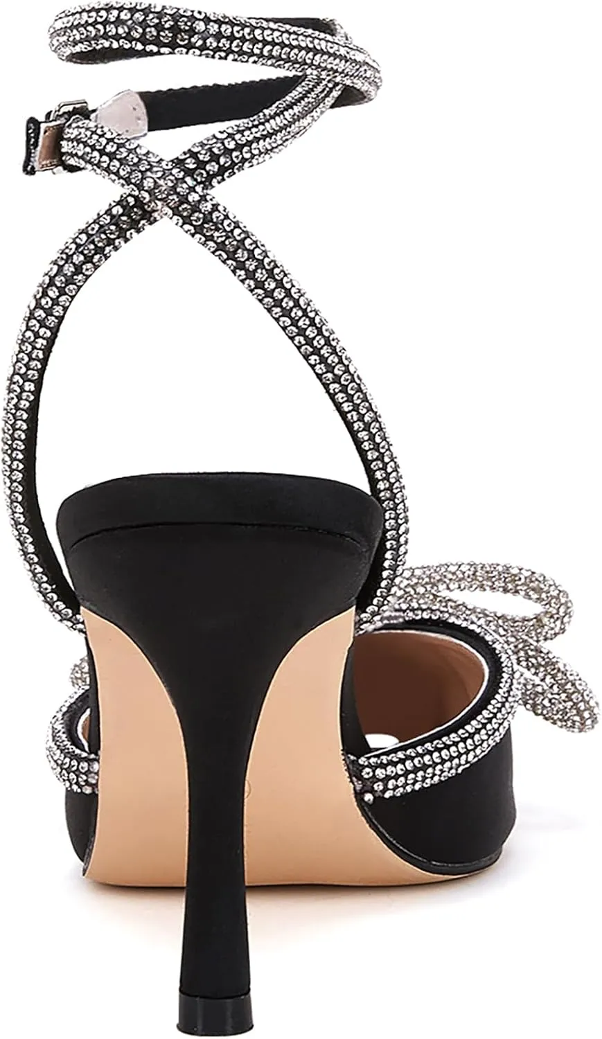 VETASTE Women's Double Bow Pointed Toe Ankle Strap Crystal Pumps Wedding Bridal Party Stilettos Backless Satin Heeled Sandals