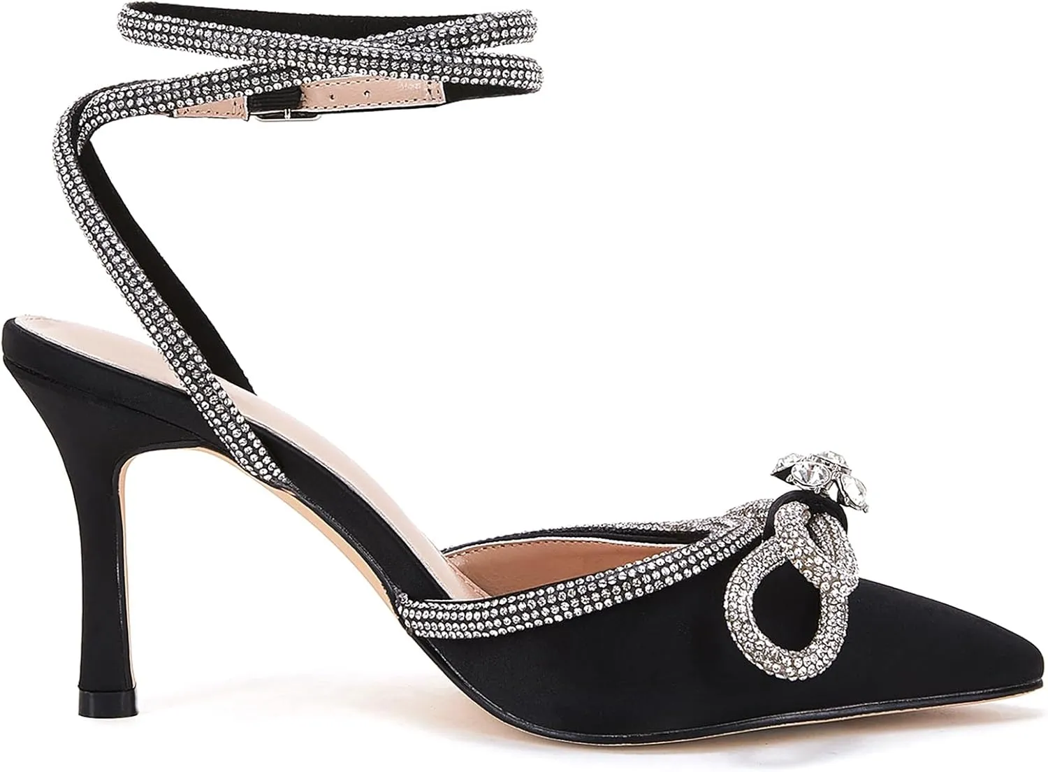 VETASTE Women's Double Bow Pointed Toe Ankle Strap Crystal Pumps Wedding Bridal Party Stilettos Backless Satin Heeled Sandals
