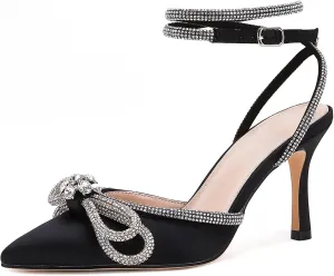 VETASTE Women's Double Bow Pointed Toe Ankle Strap Crystal Pumps Wedding Bridal Party Stilettos Backless Satin Heeled Sandals