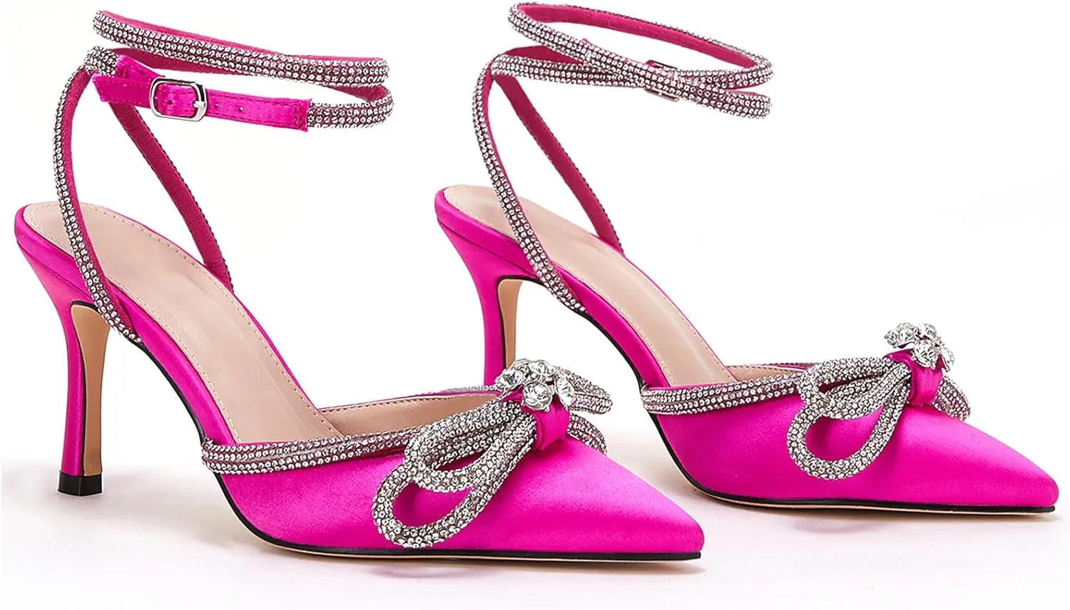 VETASTE Women's Double Bow Pointed Toe Ankle Strap Crystal Pumps Wedding Bridal Party Stilettos Backless Satin Heeled Sandals