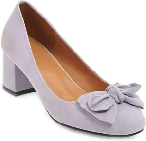 VOKLIN Women's Pointed Toe Bow Dress Pumps Suede Slip On Comfort Chunky Block Mid Heels Work Office Shoes