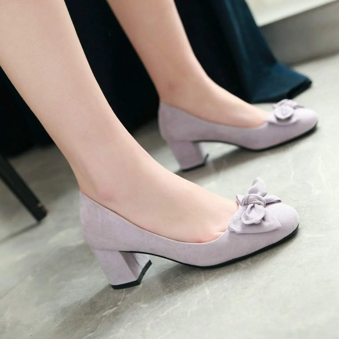 VOKLIN Women's Pointed Toe Bow Dress Pumps Suede Slip On Comfort Chunky Block Mid Heels Work Office Shoes