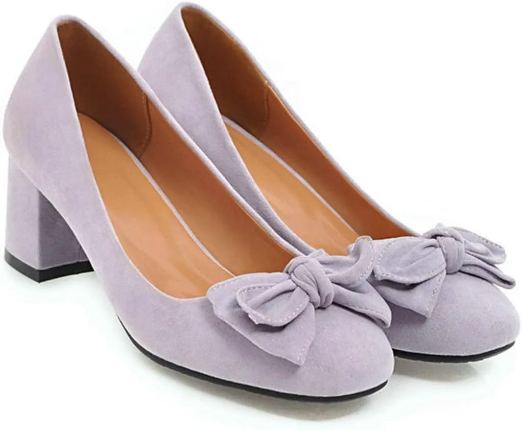 VOKLIN Women's Pointed Toe Bow Dress Pumps Suede Slip On Comfort Chunky Block Mid Heels Work Office Shoes