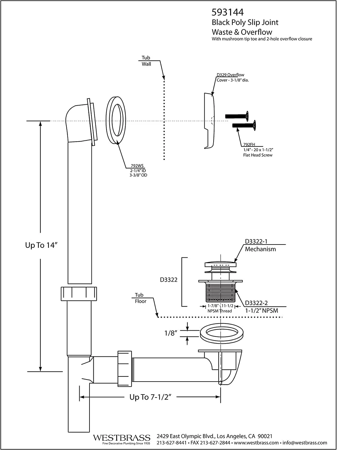 Westbrass 593144-4-62 14" Black Poly Tubular Bathtub Waste & Overflow Assembly with Tip-Toe Drain Plug and 2-Hole Faceplate, Matte Black (4-Pack)
