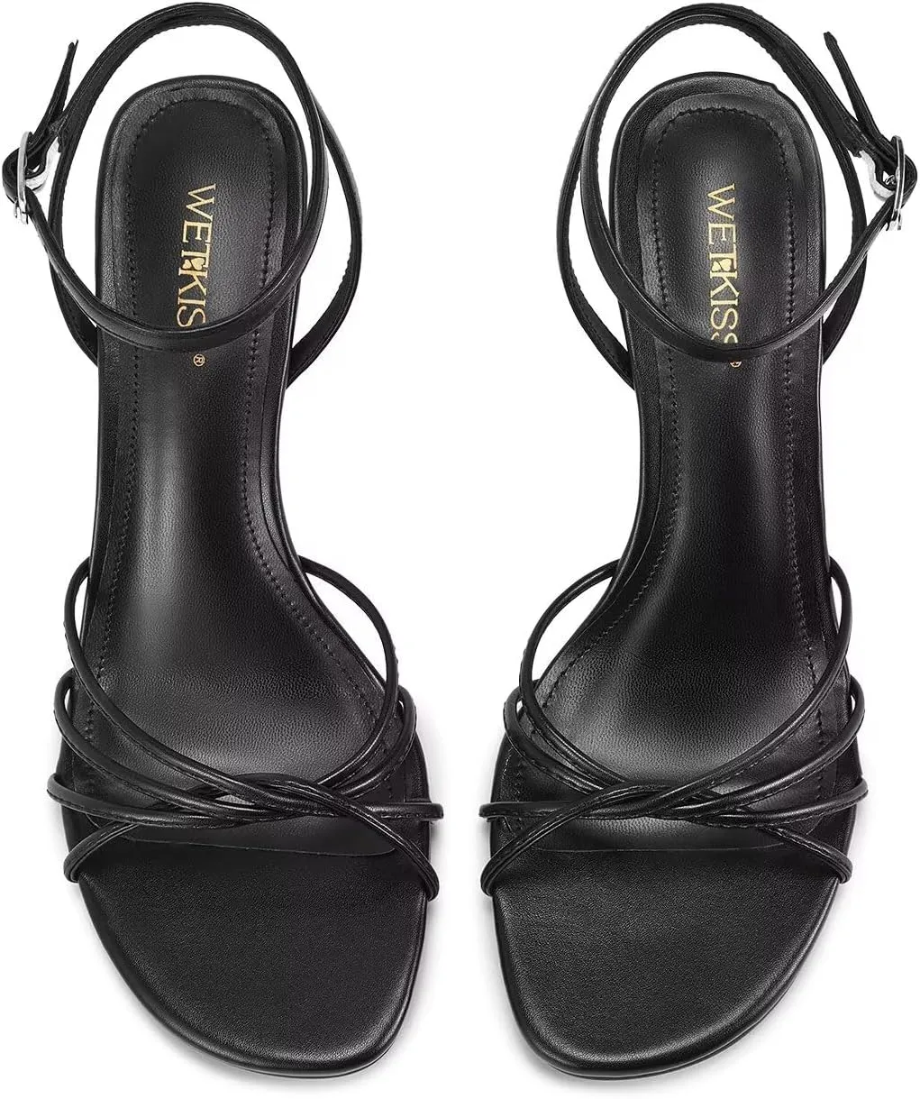 wetkiss Womens Sandals Round Open Toe Kitten Heels Adjustable Ankle Strap Low Heels Heeled Sandals for Women Summer Dress Shoes