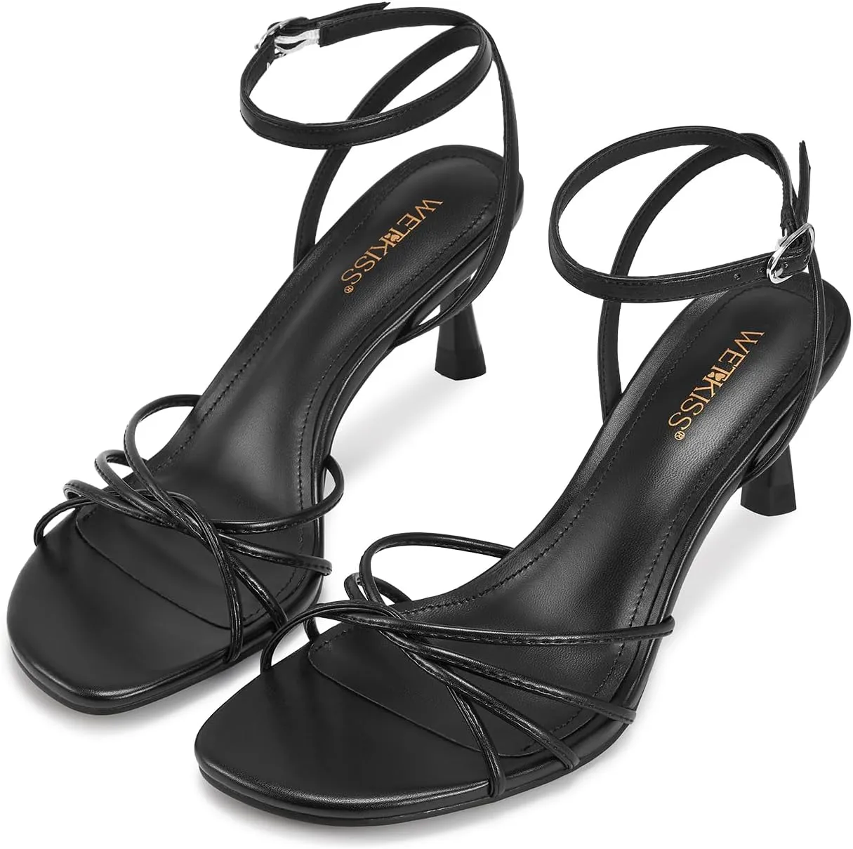 wetkiss Womens Sandals Round Open Toe Kitten Heels Adjustable Ankle Strap Low Heels Heeled Sandals for Women Summer Dress Shoes
