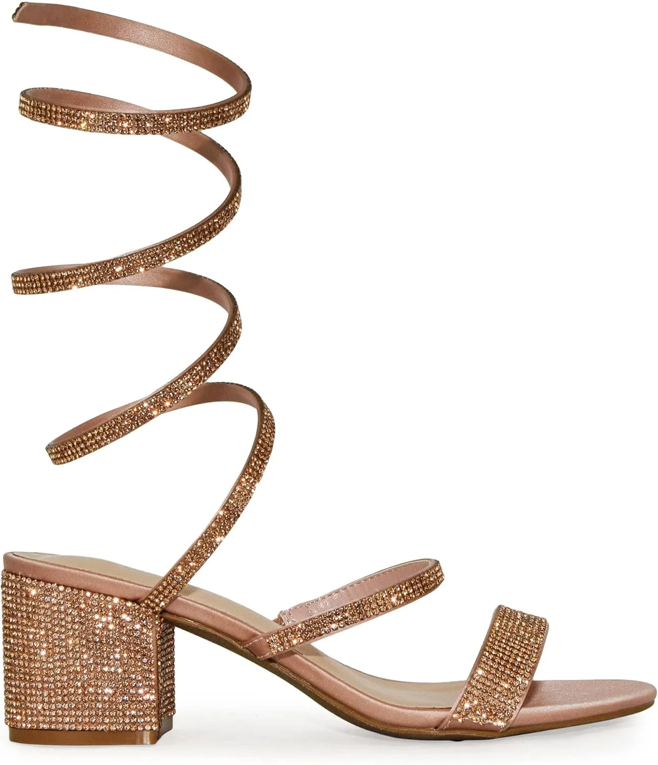 Wild Diva Women's Larina-192 Rhinestone Spiral Ankle Strap Low Block Heeled Sandals Heels