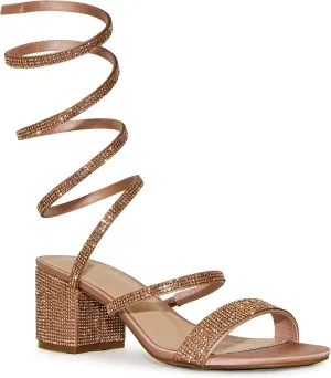 Wild Diva Women's Larina-192 Rhinestone Spiral Ankle Strap Low Block Heeled Sandals Heels
