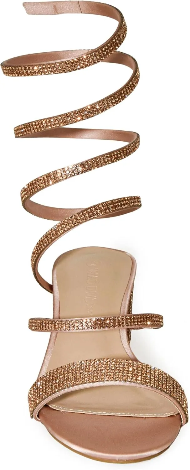 Wild Diva Women's Larina-192 Rhinestone Spiral Ankle Strap Low Block Heeled Sandals Heels
