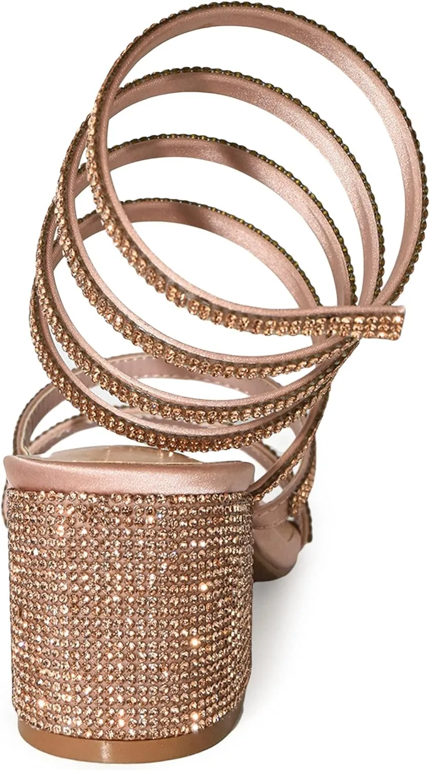 Wild Diva Women's Larina-192 Rhinestone Spiral Ankle Strap Low Block Heeled Sandals Heels