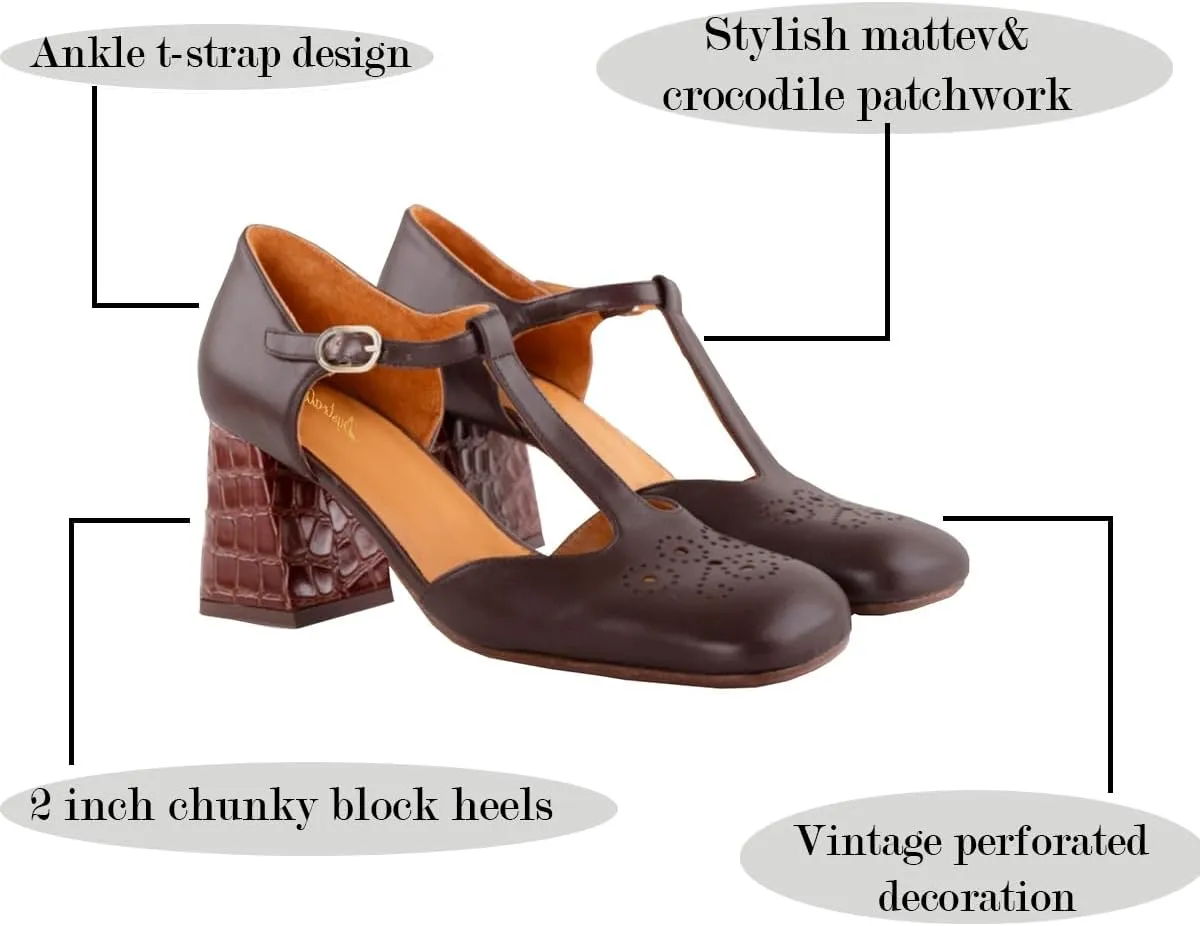 Women Chunky Heel Mary Jane Pumps Ankle T-Strap Mary Jane Heels Square Toe Crocodile Two Tone Dress Heeled Sandals 2” Block Heel Mary Janes Cut Out Sandals Patchwork Party 4-11 M US