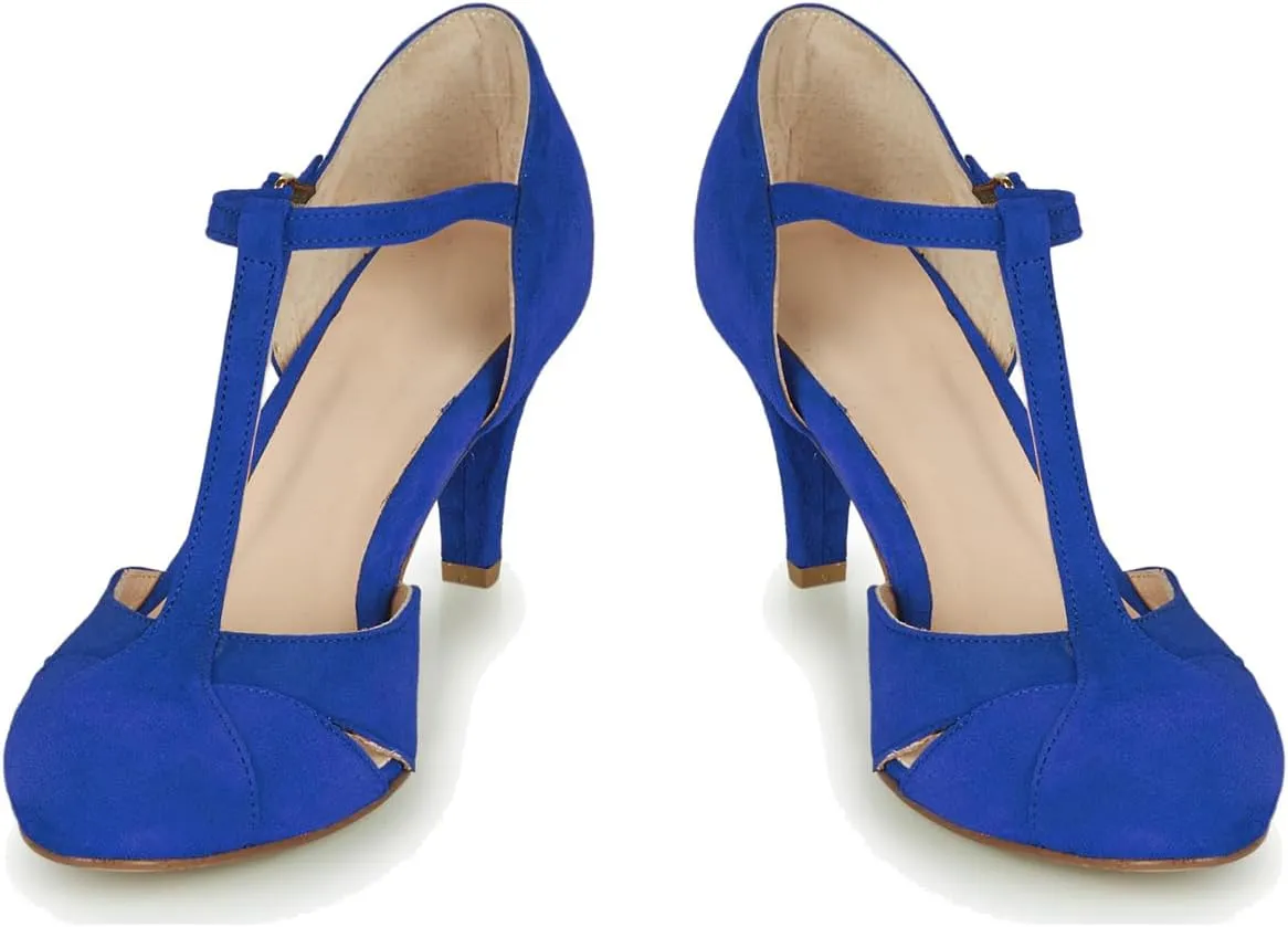 Women Kitten Heels Mary Jane Pumps Shoes Ankle T-Strap Closed Round Toe Sandals Heeled Cut Out Suede Mary Janes Dress Shoe Mid Thin Heel Patchwork Office Ladies Wedding Party Dance 4-11 M US