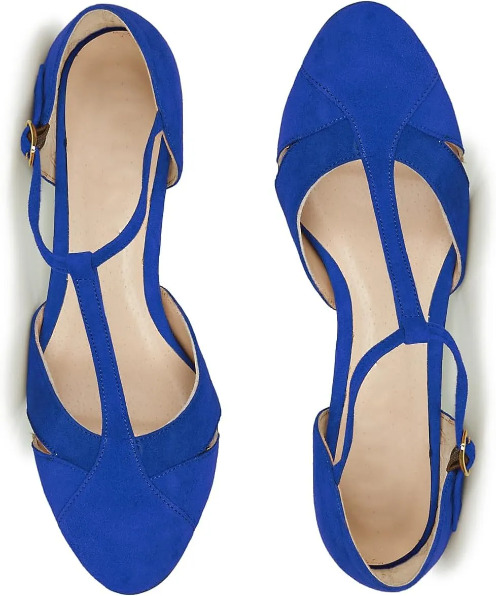 Women Kitten Heels Mary Jane Pumps Shoes Ankle T-Strap Closed Round Toe Sandals Heeled Cut Out Suede Mary Janes Dress Shoe Mid Thin Heel Patchwork Office Ladies Wedding Party Dance 4-11 M US