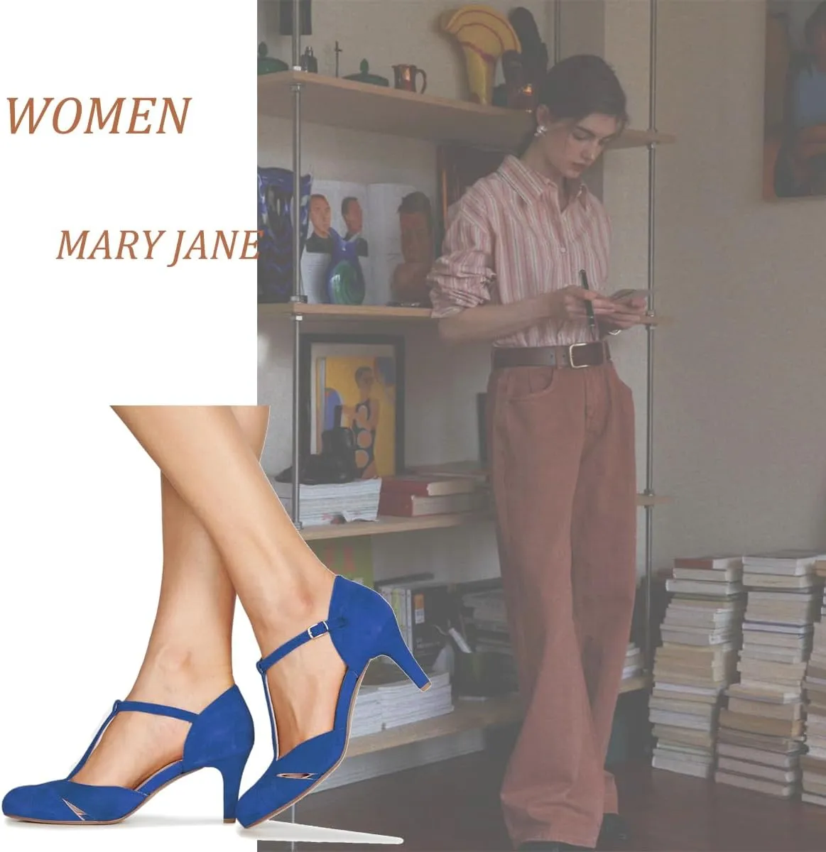 Women Kitten Heels Mary Jane Pumps Shoes Ankle T-Strap Closed Round Toe Sandals Heeled Cut Out Suede Mary Janes Dress Shoe Mid Thin Heel Patchwork Office Ladies Wedding Party Dance 4-11 M US