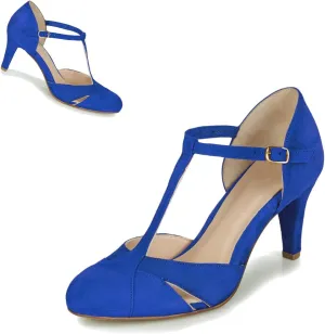 Women Kitten Heels Mary Jane Pumps Shoes Ankle T-Strap Closed Round Toe Sandals Heeled Cut Out Suede Mary Janes Dress Shoe Mid Thin Heel Patchwork Office Ladies Wedding Party Dance 4-11 M US