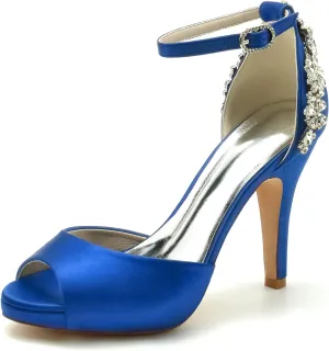 Women Peep Toe Rhinestones Sandals Satin Ankle Strap Bridal Pumps Ankle Buckle Evening Wedding Party Shoes Heel Wedding Sandals