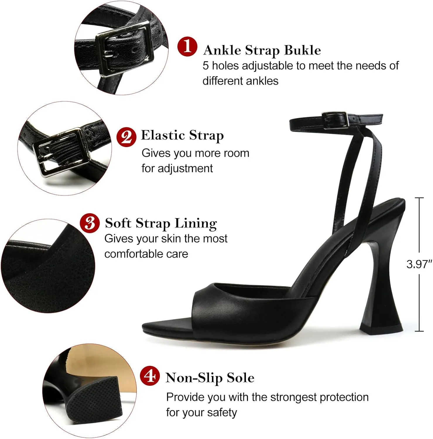 Women's Ankle Strap Fine Heeled Wedding Mesh Kitten Heels Sandals Pointed Open Toe Ankle Buckle Strap Summer Dress Shoes