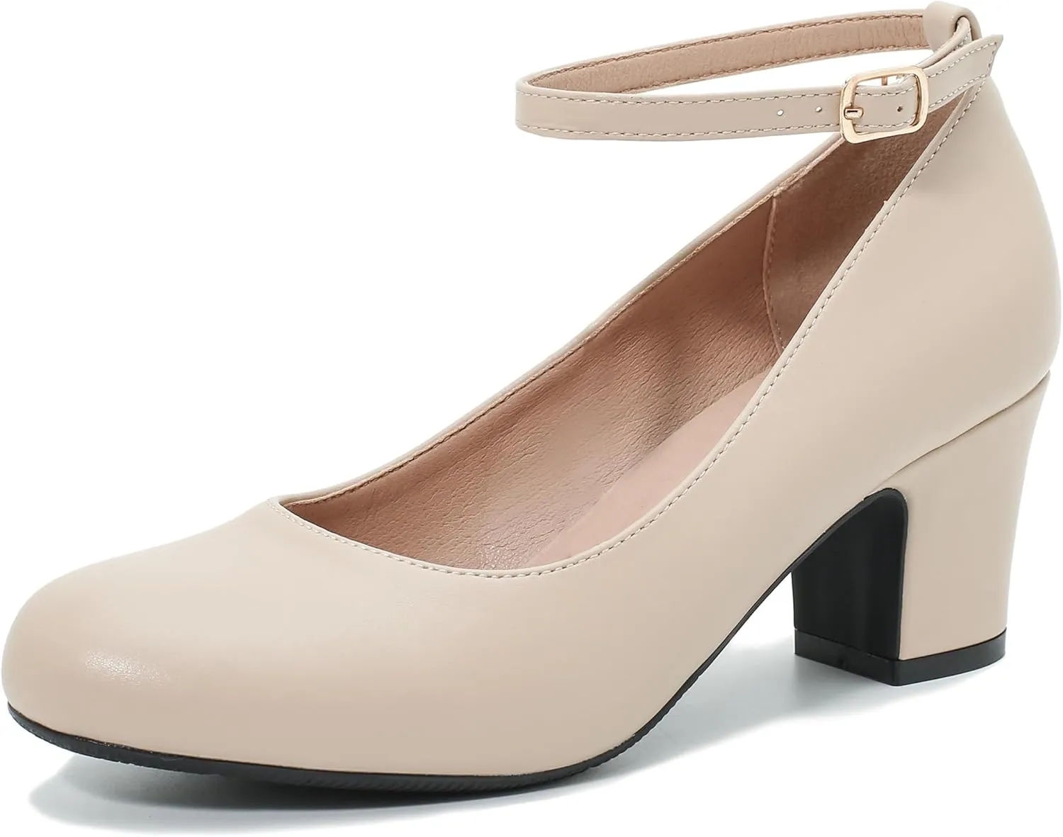 Women's Ankle Strap Low Block Chunky Heels Pumps Closed Round Toe Comfortable Dress Office Work Church Wedding Shoes