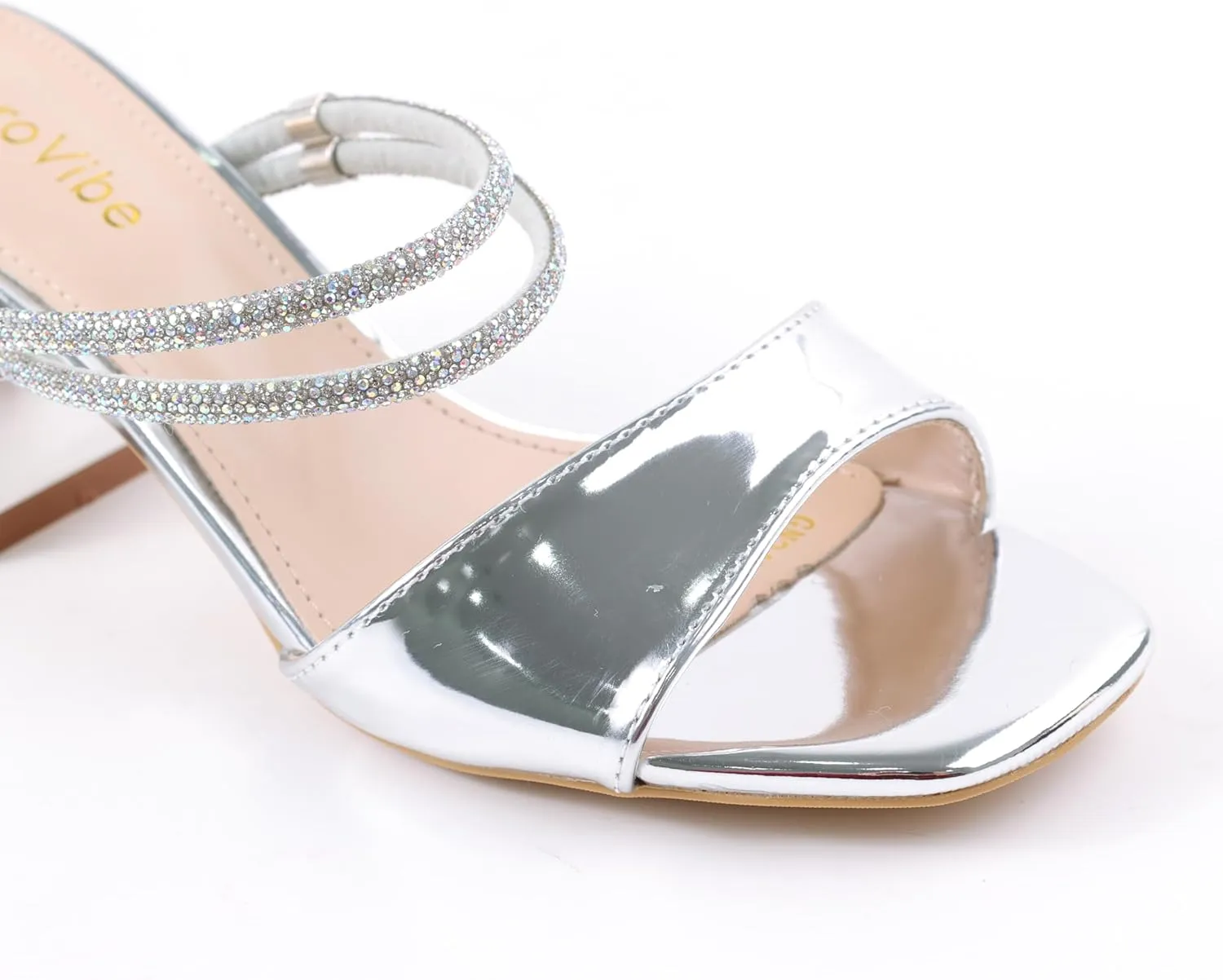 Women's Block Heel Square Toe Heels with Rhinestone Ankle Strap