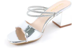 Women's Block Heel Square Toe Heels with Rhinestone Ankle Strap