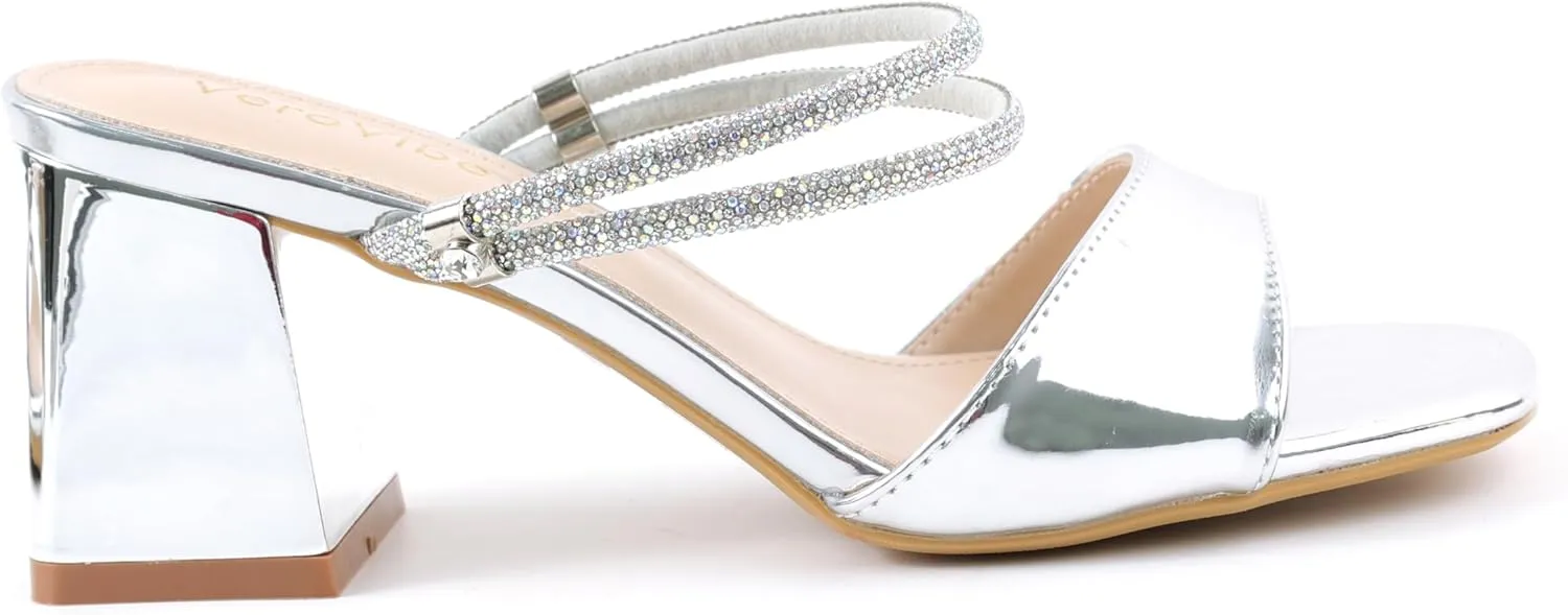 Women's Block Heel Square Toe Heels with Rhinestone Ankle Strap