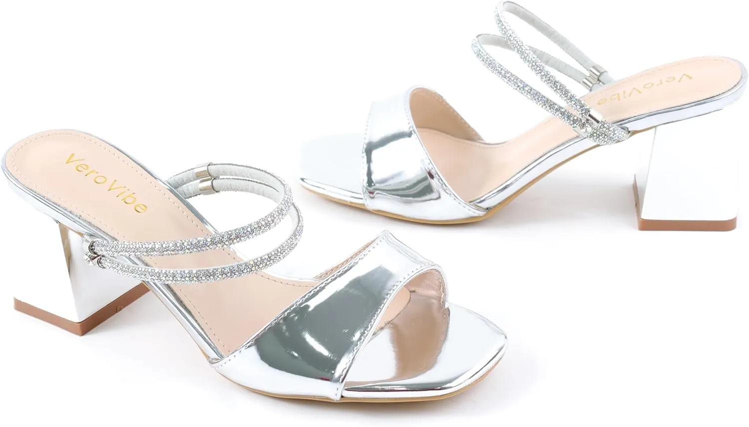 Women's Block Heel Square Toe Heels with Rhinestone Ankle Strap