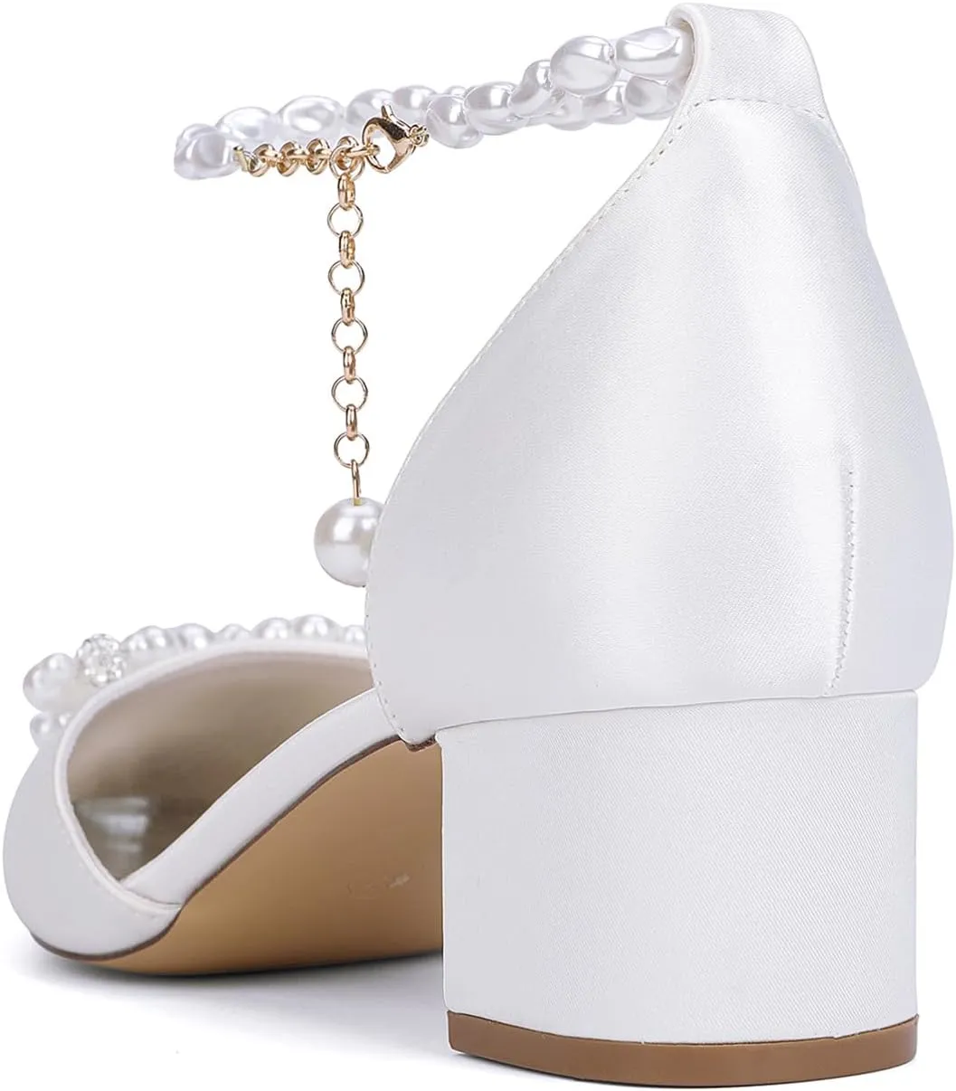Women's Chunky Block Heel Wedding Dress Shoes Closed Toe Evening Prom Dance Party Sandals Pearl Ankle Strap Bridal Pumps