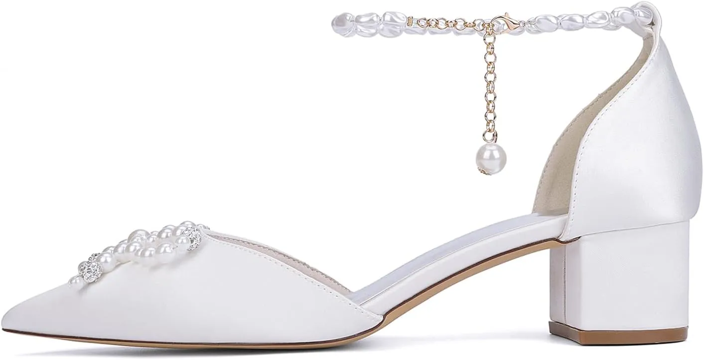 Women's Chunky Block Heel Wedding Dress Shoes Closed Toe Evening Prom Dance Party Sandals Pearl Ankle Strap Bridal Pumps