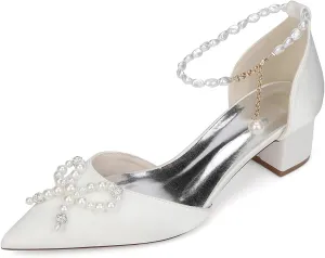 Women's Chunky Block Heel Wedding Dress Shoes Closed Toe Evening Prom Dance Party Sandals Pearl Ankle Strap Bridal Pumps