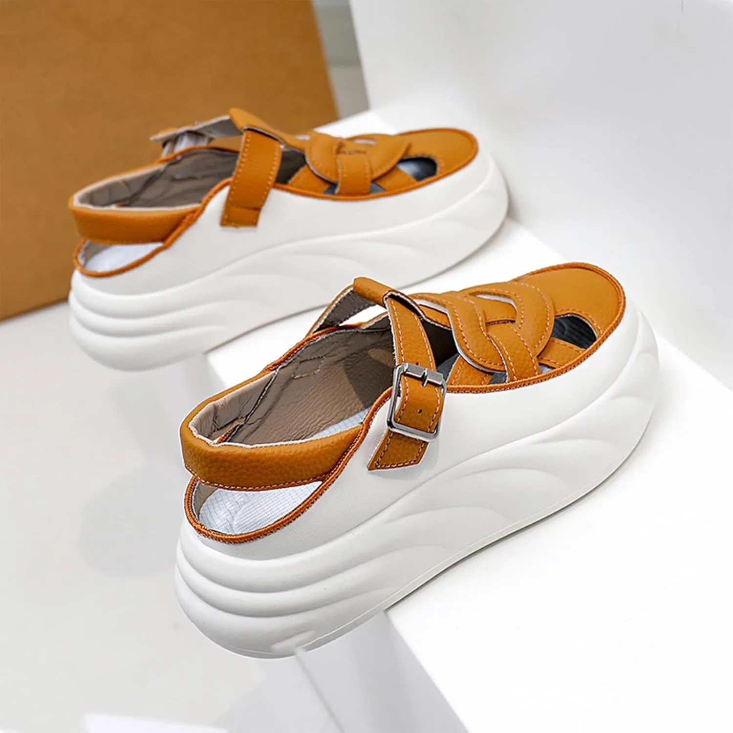 Womens Chunky Platform Leather Out Fisherman Sandals with Adjust Buckle Closed Round Toe Breathable Wear-Resistant Damping Increase Height Summer Outdoor Walking Sport Casual Shoes