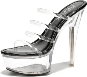 Women's Clear Strappy Stiletto Heels - Nude Platform Sandals with Ankle Strap | Pleaser (Kim)