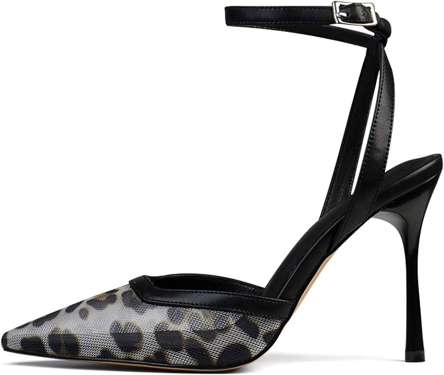 Women's Closed Toe Heeled Sandals Ankle Buckle Strap Mesh Shoes Funky Cowhide Pointed Dresses