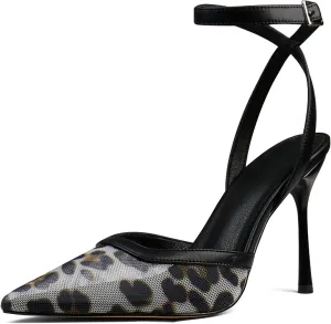 Women's Closed Toe Heeled Sandals Ankle Buckle Strap Mesh Shoes Funky Cowhide Pointed Dresses