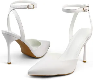 Women's Closed Toe Heeled Sandals Ankle Buckle Strap Mesh Shoes Funky Cowhide Pointed Dresses