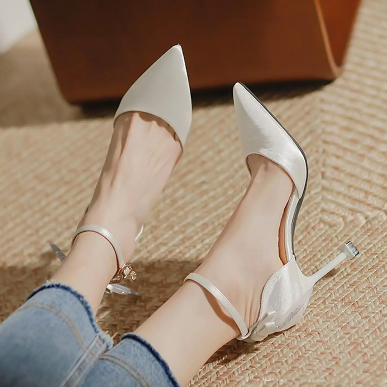 Womens Court Shoes Ankle Strap Pointed Toe Dress Sandals Ladies Wedding Party Bride Pumps Stiletto Heels