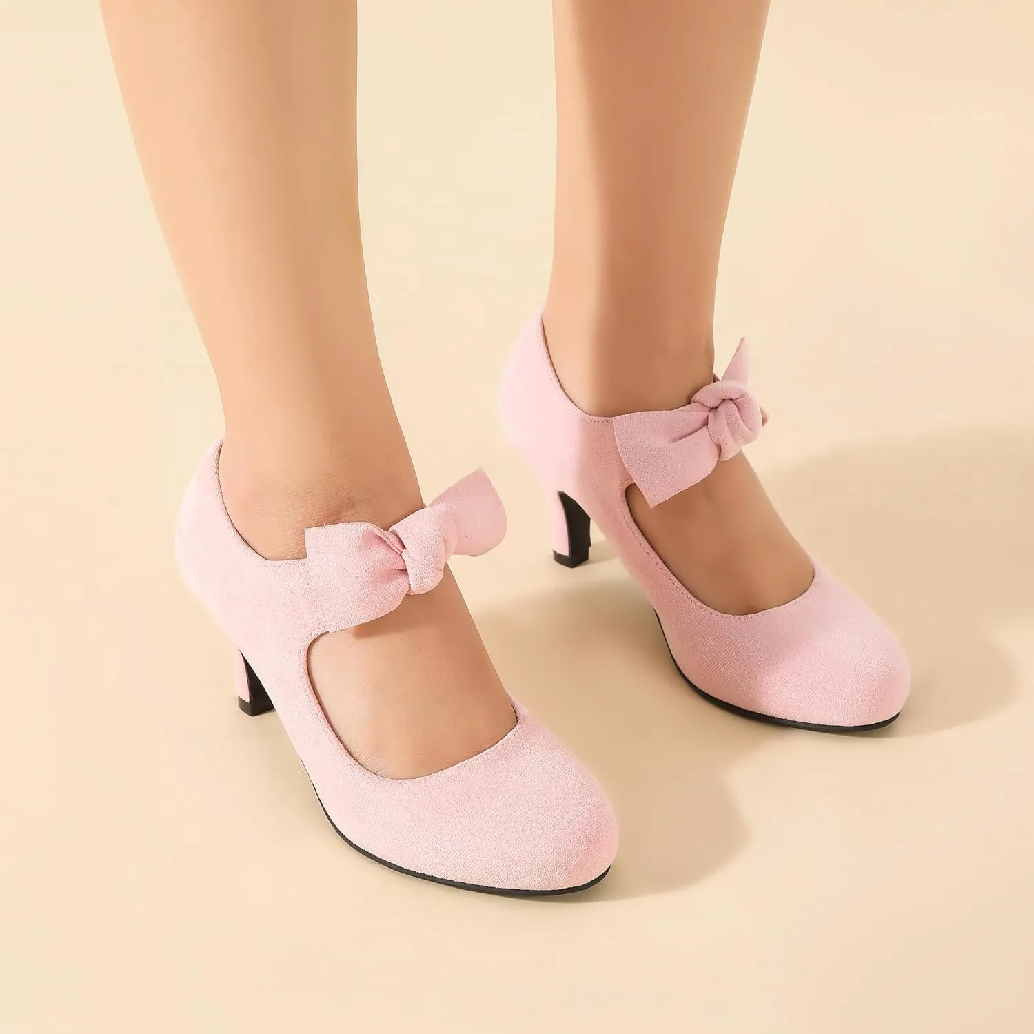 Women's Cute Bow Heels Mary Jane Kitten Heel Pumps Closed Round Toe Low Heels Ankle Strap Wedding Evening Party Dress Office Work Church Shoes