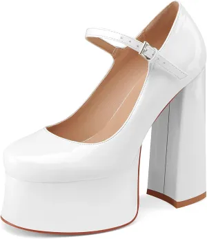 Women's Dressy Platform Chunky High Heels Patent Leather Ankle Strap Closed Toe Heeled Mary Jane Pumps Shoes
