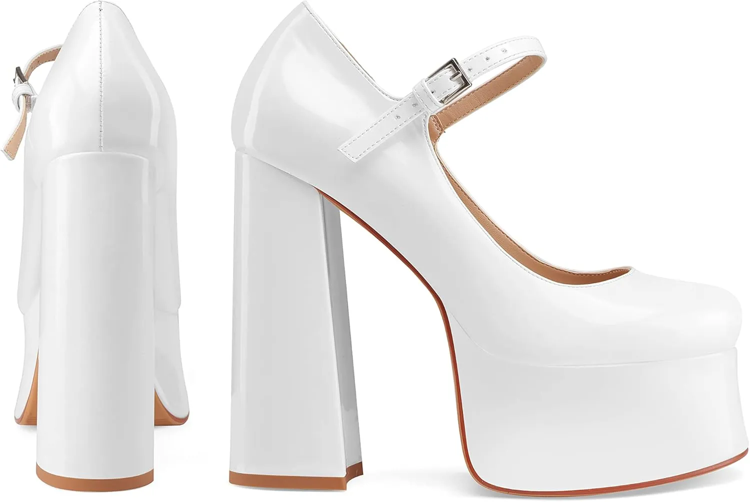 Women's Dressy Platform Chunky High Heels Patent Leather Ankle Strap Closed Toe Heeled Mary Jane Pumps Shoes