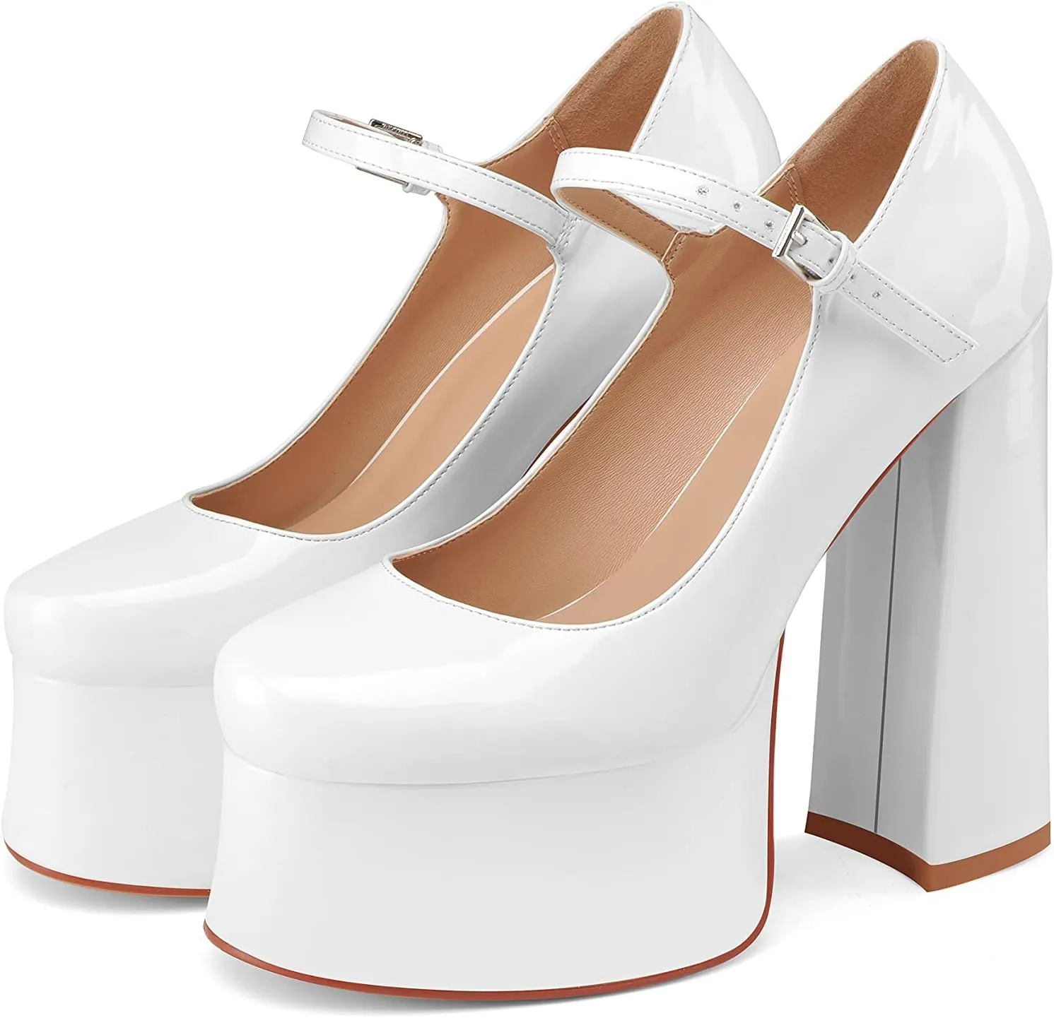 Women's Dressy Platform Chunky High Heels Patent Leather Ankle Strap Closed Toe Heeled Mary Jane Pumps Shoes