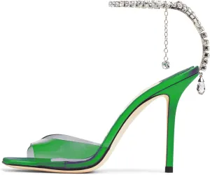 Women's Heeled Sandals Crystal Chain Ankle Strap Rhinestone Buckle Square Open Toe Stiletto High Heels Wedding Party Satin Dress Shoes