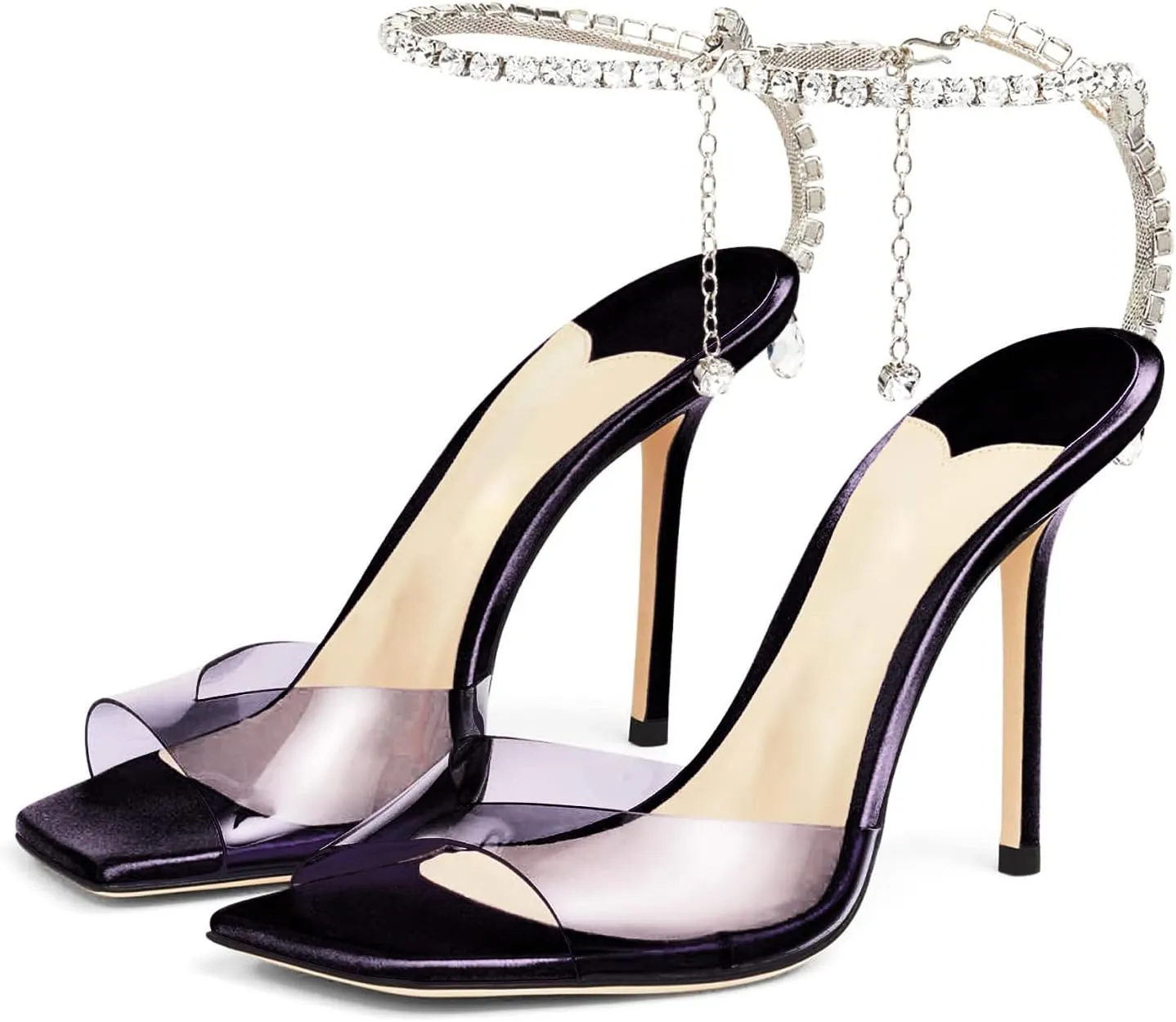 Women's Heeled Sandals Crystal Chain Ankle Strap Rhinestone Buckle Square Open Toe Stiletto High Heels Wedding Party Satin Dress Shoes