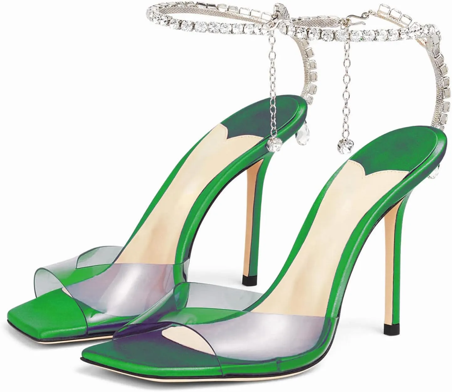 Women's Heeled Sandals Crystal Chain Ankle Strap Rhinestone Buckle Square Open Toe Stiletto High Heels Wedding Party Satin Dress Shoes