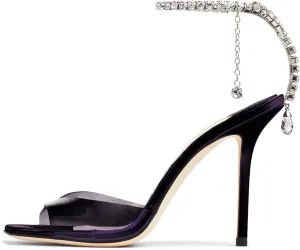 Women's Heeled Sandals Crystal Chain Ankle Strap Rhinestone Buckle Square Open Toe Stiletto High Heels Wedding Party Satin Dress Shoes