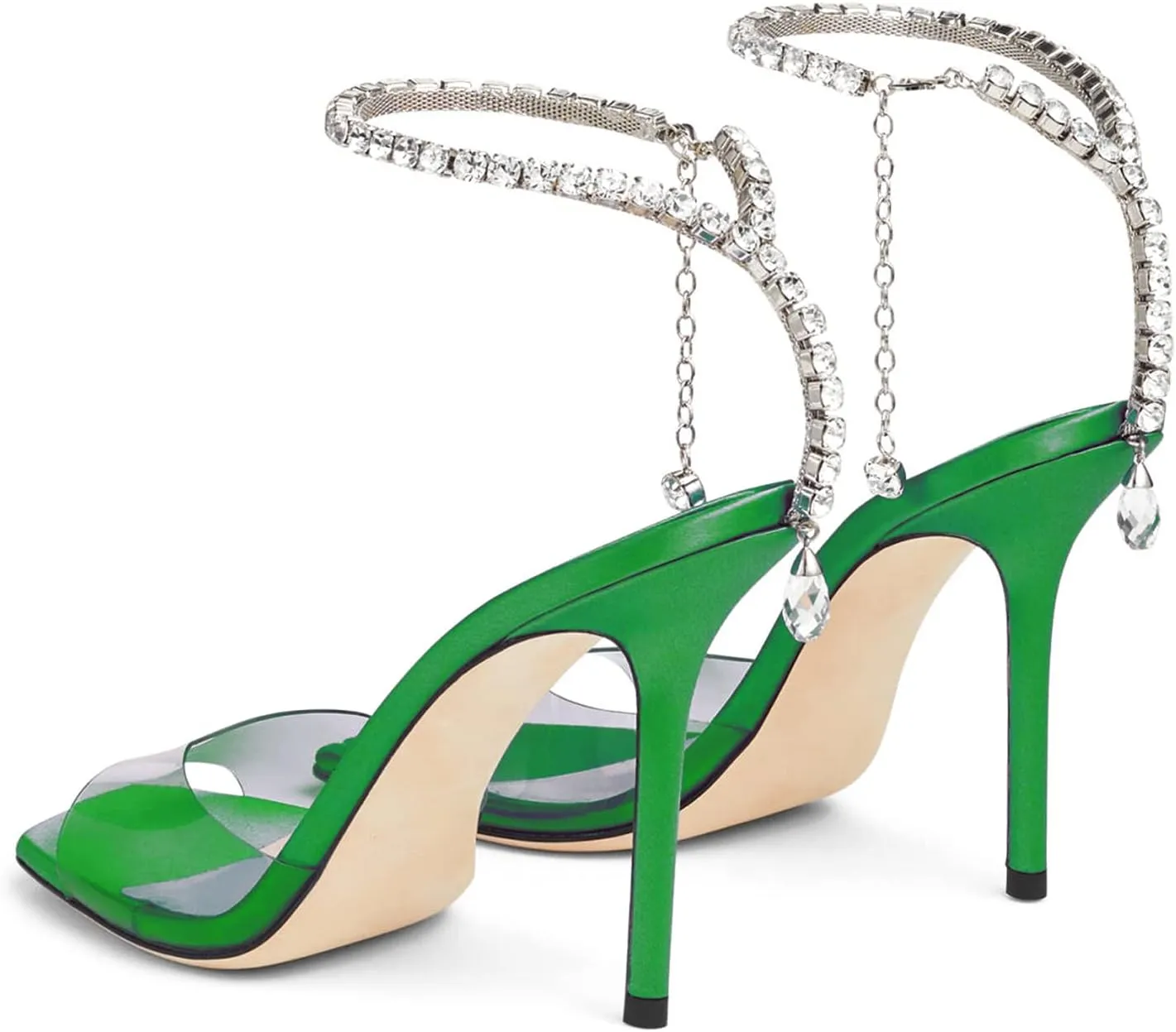 Women's Heeled Sandals Crystal Chain Ankle Strap Rhinestone Buckle Square Open Toe Stiletto High Heels Wedding Party Satin Dress Shoes