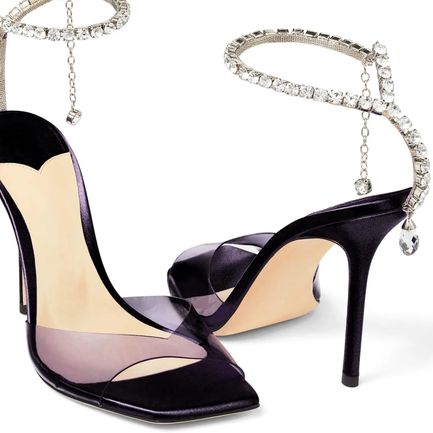 Women's Heeled Sandals Crystal Chain Ankle Strap Rhinestone Buckle Square Open Toe Stiletto High Heels Wedding Party Satin Dress Shoes