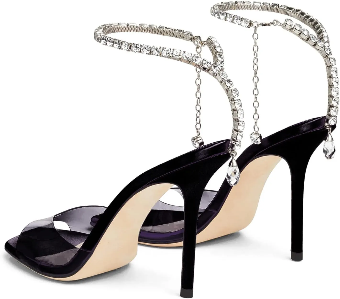 Women's Heeled Sandals Crystal Chain Ankle Strap Rhinestone Buckle Square Open Toe Stiletto High Heels Wedding Party Satin Dress Shoes