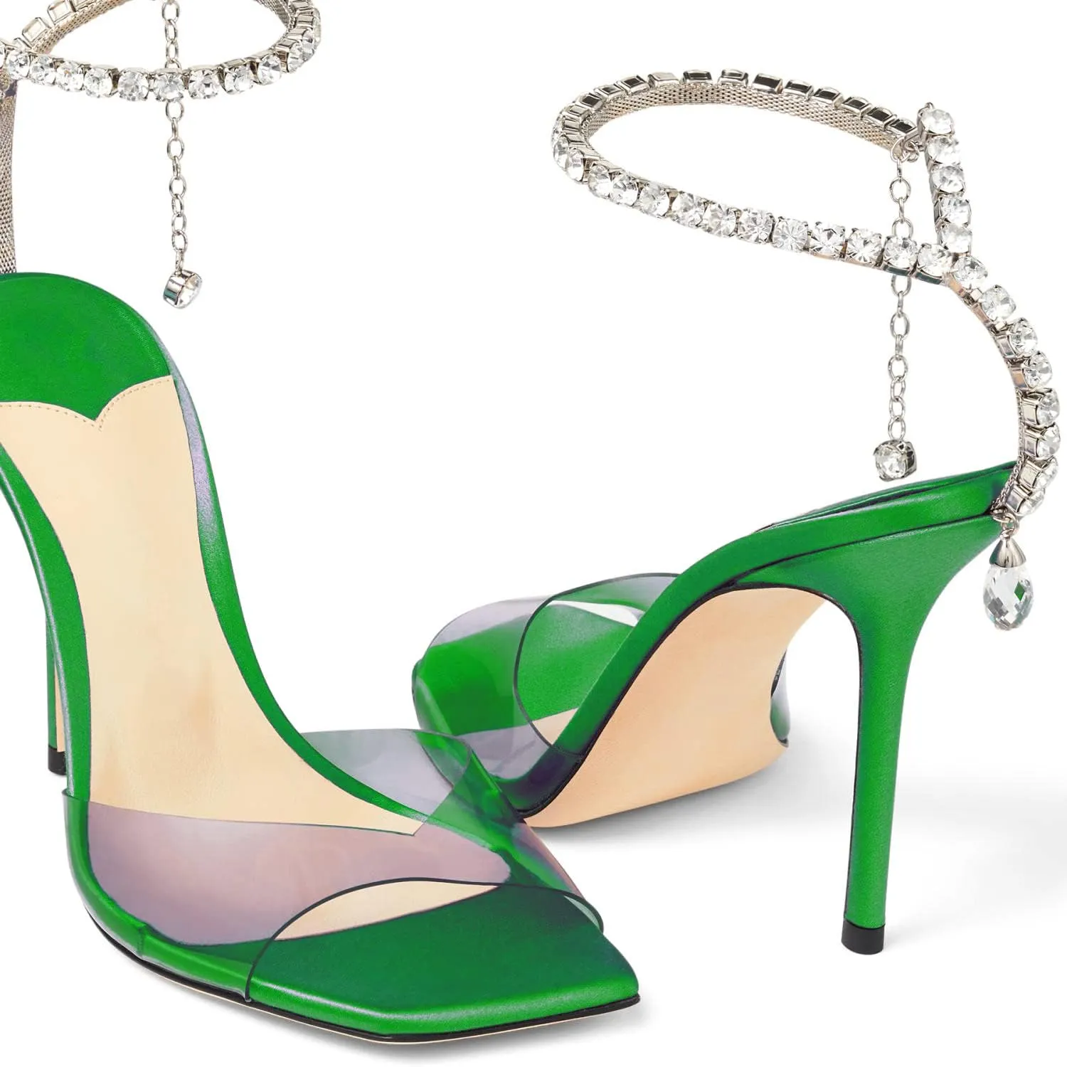 Women's Heeled Sandals Crystal Chain Ankle Strap Rhinestone Buckle Square Open Toe Stiletto High Heels Wedding Party Satin Dress Shoes